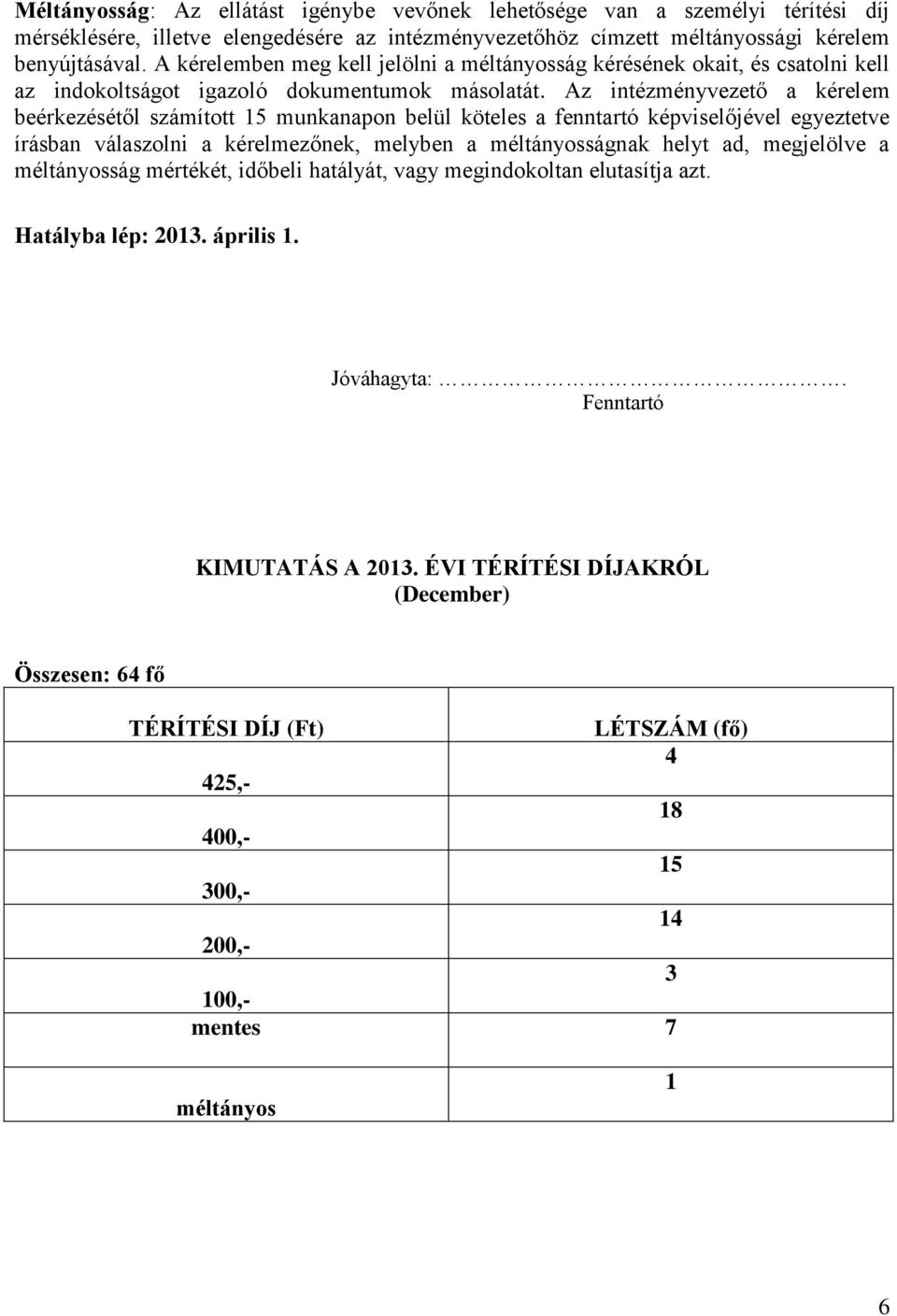 Az intézményvezető a kérelem beérkezésétől számított 15 munkanapon belül köteles a fenntartó képviselőjével egyeztetve írásban válaszolni a kérelmezőnek, melyben a méltányosságnak helyt ad,