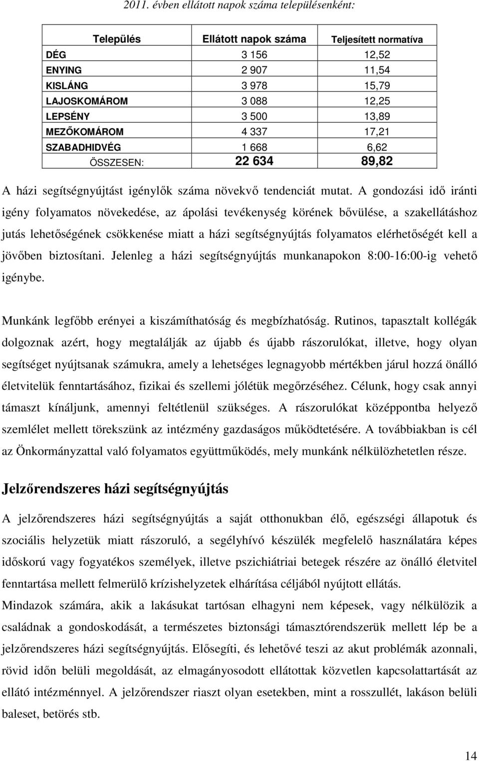 A gondozási idı iránti igény folyamatos növekedése, az ápolási tevékenység körének bıvülése, a szakellátáshoz jutás lehetıségének csökkenése miatt a házi segítségnyújtás folyamatos elérhetıségét kell