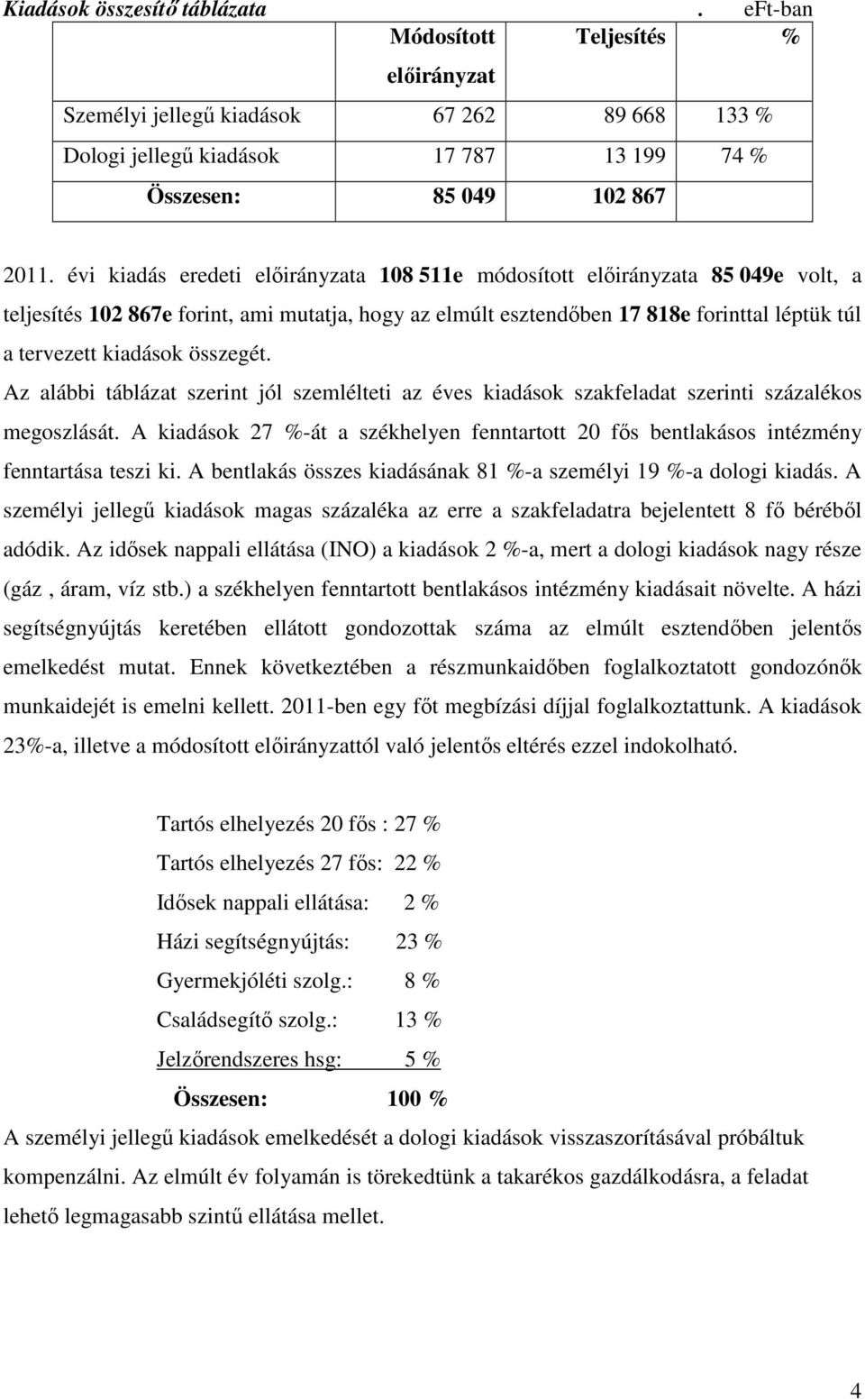 összegét. Az alábbi táblázat szerint jól szemlélteti az éves kiadások szakfeladat szerinti százalékos megoszlását.