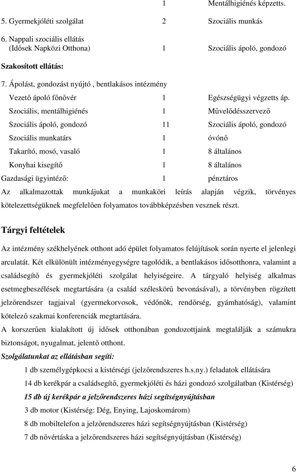 Szociális, mentálhigiénés 1 Mővelıdésszervezı Szociális ápoló, gondozó 11 Szociális ápoló, gondozó Szociális munkatárs 1 óvónı Takarító, mosó, vasaló 1 8 általános Konyhai kisegítı 1 8 általános