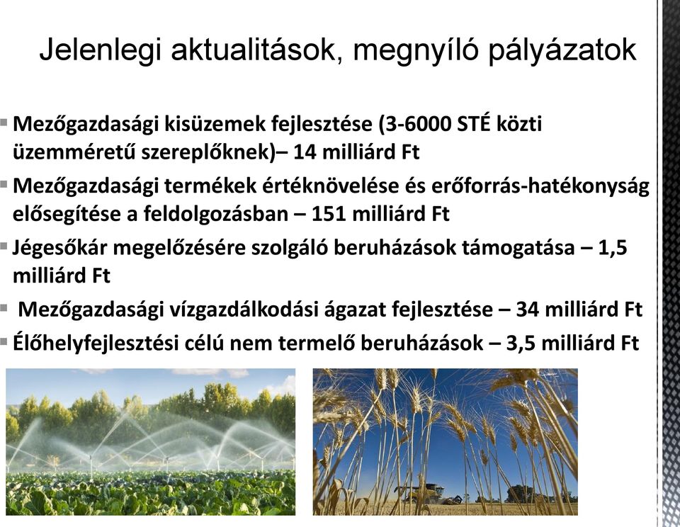 feldolgozásban 151 milliárd Ft Jégesőkár megelőzésére szolgáló beruházások támogatása 1,5 milliárd Ft