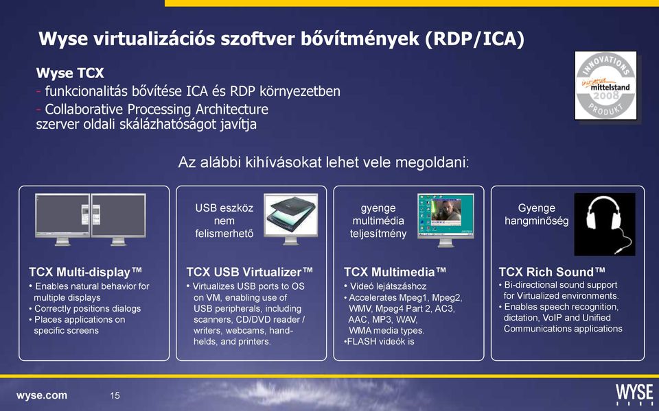 dialogs Places applications on specific screens TCX USB Virtualizer Virtualizes USB ports to OS on VM, enabling use of USB peripherals, including scanners, CD/DVD reader / writers, webcams,