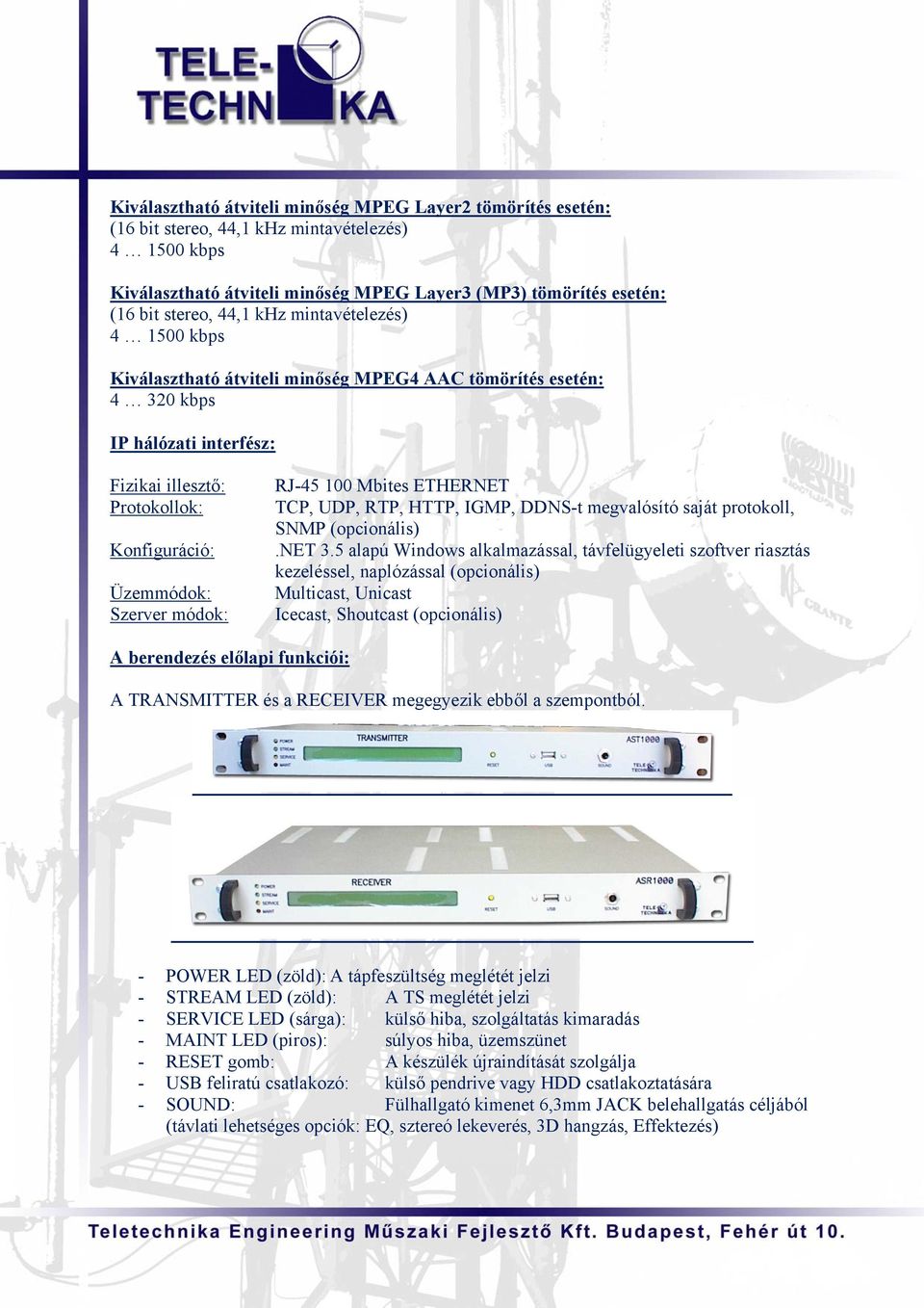 módok: RJ-45 100 Mbites ETHERNET TCP, UDP, RTP, HTTP, IGMP, DDNS-t megvalósító saját protokoll, SNMP (opcionális).net 3.