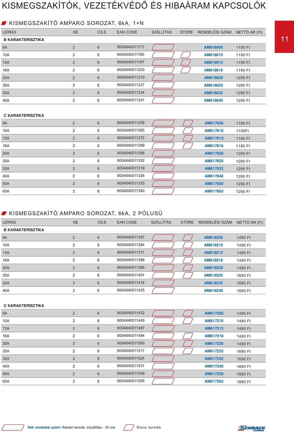 ETÉKVÉDŐ ÉS HIBAÁRAM KAPCSOLÓK W SZAKÍTÓ AMPARO SOROZAT, 6kA, 1+N LEÍRÁS KE CS.E. EAN CODE SZÁLLÍTÁS STORE RENDELÉSI SZÁM B KARAKTERISZTIKA 6A 2 6 9004840011173 AM618606 10A 2 6 9004840011180