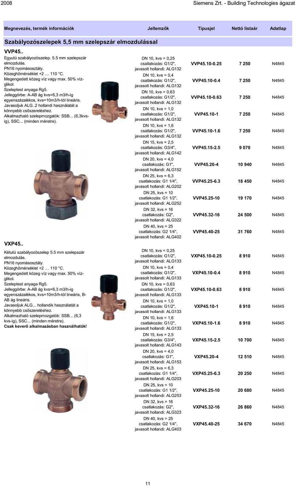 Alkalmazható szelepmozgatók: SSB... (6,3kvsig), SSC... (minden méretre). VXP45.. Kétutú szabályozószelep 5.5 mm szelepszár elmozdulás. PN16 nyomásosztály. Közeghőmérséklet +2 110 C.