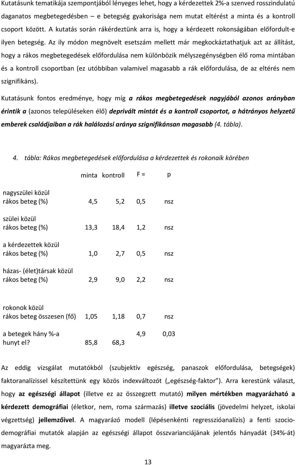 Az ily módon megnövelt esetszám mellett már megkockáztathatjuk azt az állítást, hogy a rákos megbetegedések előfordulása nem különbözik mélyszegénységben élő roma mintában és a kontroll csoportban