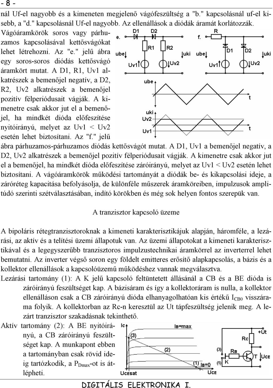 A D1, R1, Uv1 alkatrészek a bemenőjel negatív, a D2, R2, Uv2 alkatrészek a bemenőjel pozitív félperiódusait vágják.