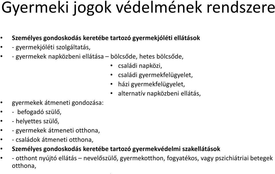 gyermekek átmeneti gondozása: - befogadó szülő, - helyettes szülő, - gyermekek átmeneti otthona, - családok átmeneti otthona, Személyes