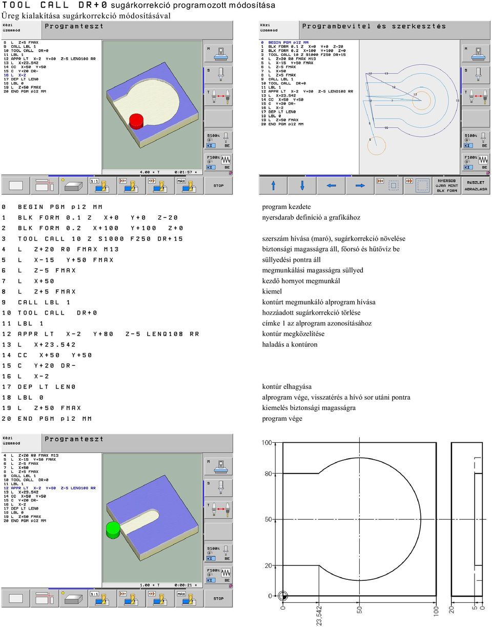 542 14 CC X+50 Y+50 15 C Y+20 DR- 16 L X-2 17 DEP LT LEN0 18 LBL 0 19 L Z+50 FMAX 20 END PGM pl2 MM szerszám hívása (maró), sugárkorrekció növelése biztonsági magasságra áll, fõorsó és hûtõvíz be