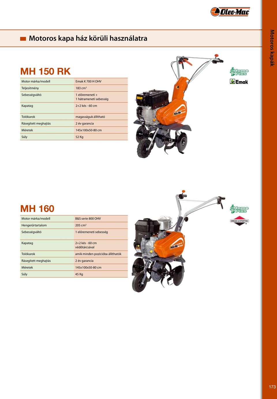 kés - 60 cm magasságuk állítható 52 Kg MH 160 B&S serie 800 OHV