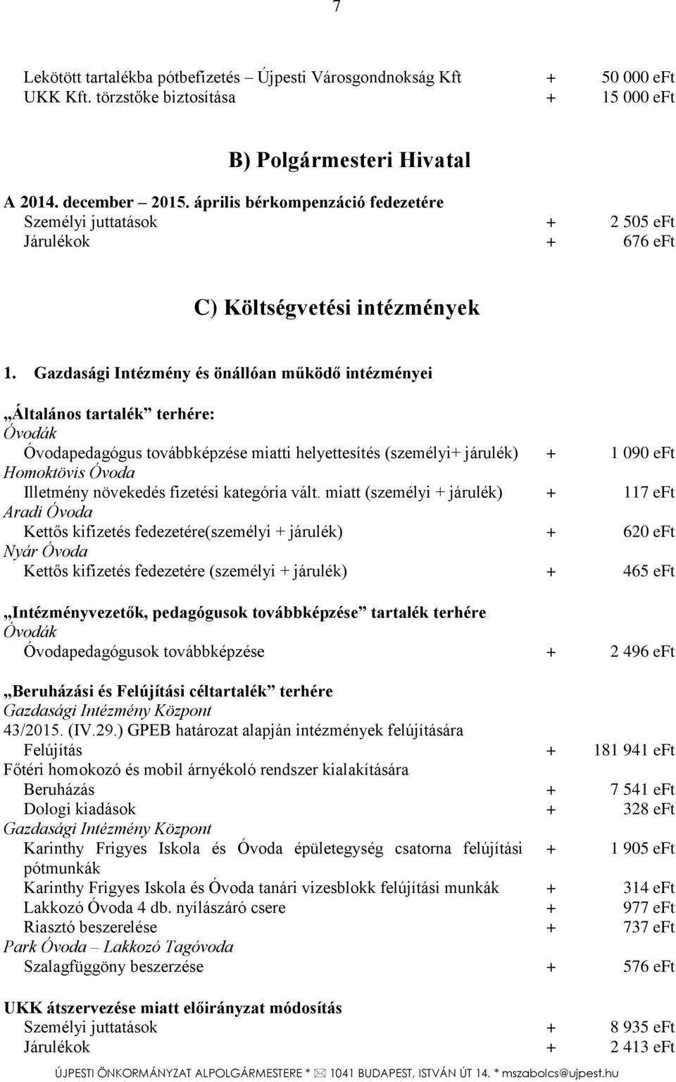 Gazdasági Intézmény és önállóan működő intézményei Általános tartalék terhére: Óvodák Óvodapedagógus továbbképzése miatti helyettesítés (személyi+ járulék) + 1 090 eft Homoktövis Óvoda Illetmény