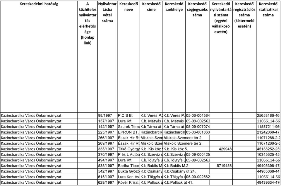 6/1 K.b.Veres P.2.6/1 05-06-004584 25653186-4619-117-05 137/1997 Lura Kft K.b. Mátyás út K.b. 50. Mátyás út 05-09-002562 50. 11066114-5610-113-05 142/1997 Szurek Temetkezési K.b Tárna Kftút 3.K.b Tárna út 3.