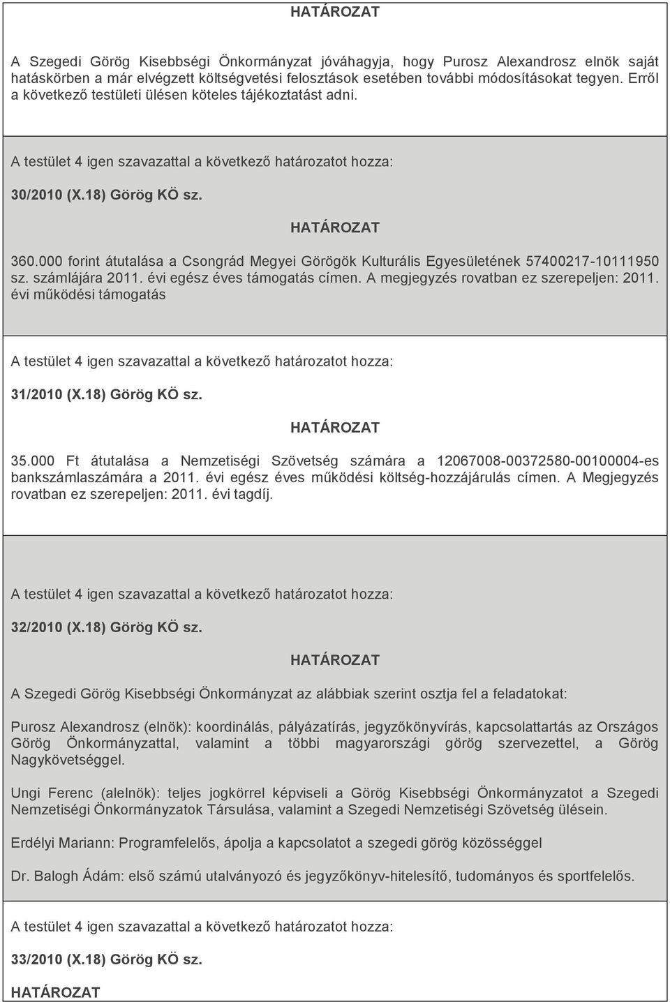 számlájára 2011. évi egész éves támogatás címen. A megjegyzés rovatban ez szerepeljen: 2011. évi működési támogatás 31/2010 (X.18) Görög KÖ sz. 35.