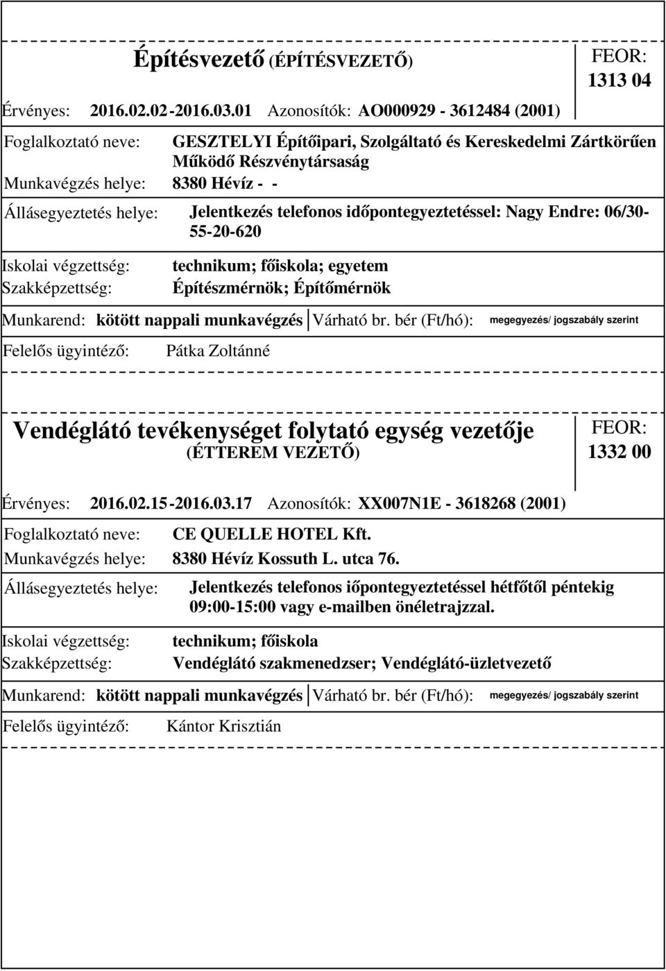 Jelentkezés telefonos időpontegyeztetéssel: Nagy Endre: 06/30-55-20-620 technikum; főiskola; egyetem Építészmérnök; Építőmérnök Pátka Zoltánné Vendéglátó tevékenységet folytató