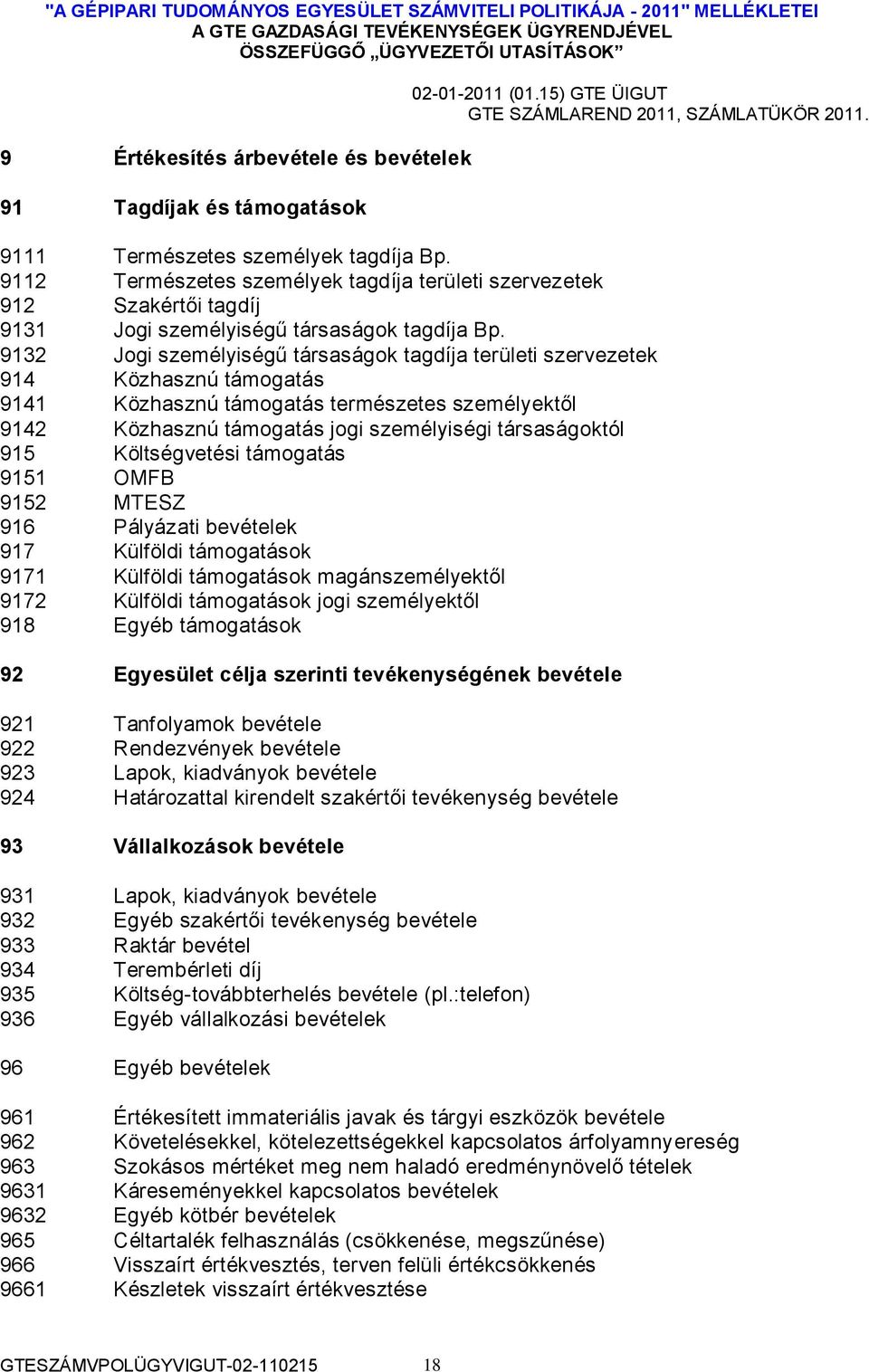 9132 Jogi személyiségű társaságok tagdíja területi szervezetek 914 Közhasznú támogatás 9141 Közhasznú támogatás természetes személyektől 9142 Közhasznú támogatás jogi személyiségi társaságoktól 915