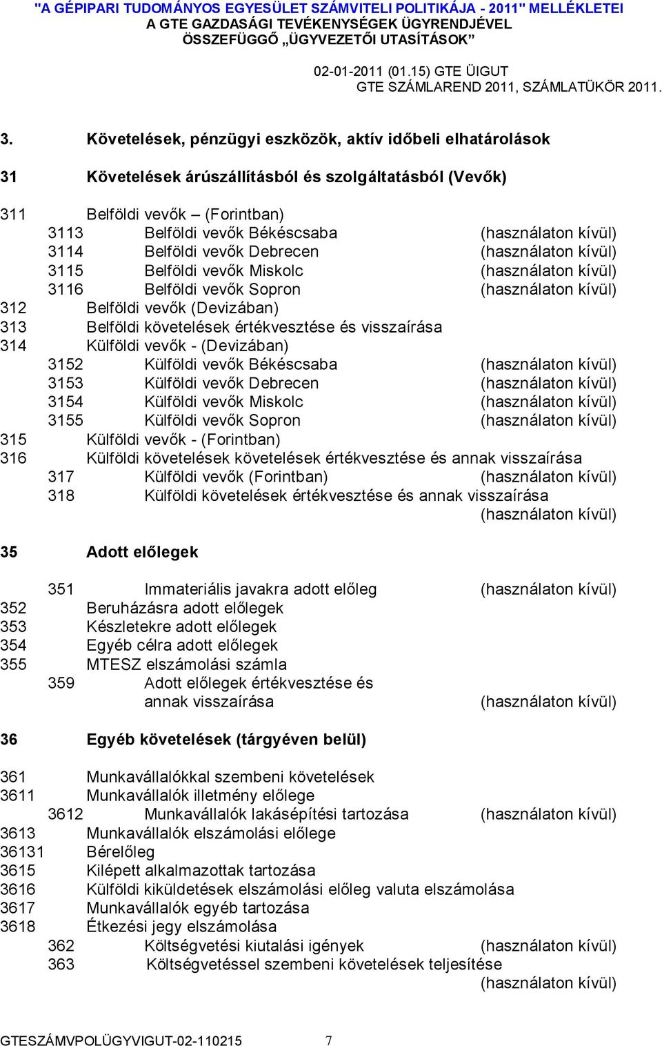 Külföldi vevők Békéscsaba 3153 Külföldi vevők Debrecen 3154 Külföldi vevők Miskolc 3155 Külföldi vevők Sopron 315 Külföldi vevők - (Forintban) 316 Külföldi követelések követelések értékvesztése és