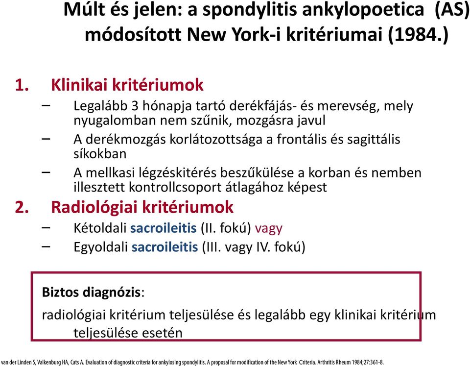 beszűkülése a korban és nemben illesztett kontrollcsoport átlagához képest Radiológiai kritériumok Kétoldali sacroileitis (II. fokú) vagy Egyoldali sacroileitis (III. vagy IV.