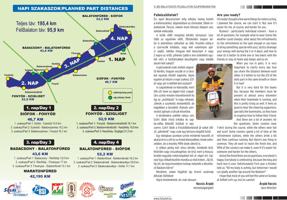 NA SIÓFOK - FONYÓD 46,7 KM váltóhely/relay point rajt,cél/start, finsih 1. nap/day 1 2. nap/day 2 SIÓFOK - FONYÓD FONYÓD - SZIGLIGET 52,9 KM 46,7 KM 1. szakasz/art 1: Siófok - Szántód 14,4 km 2.