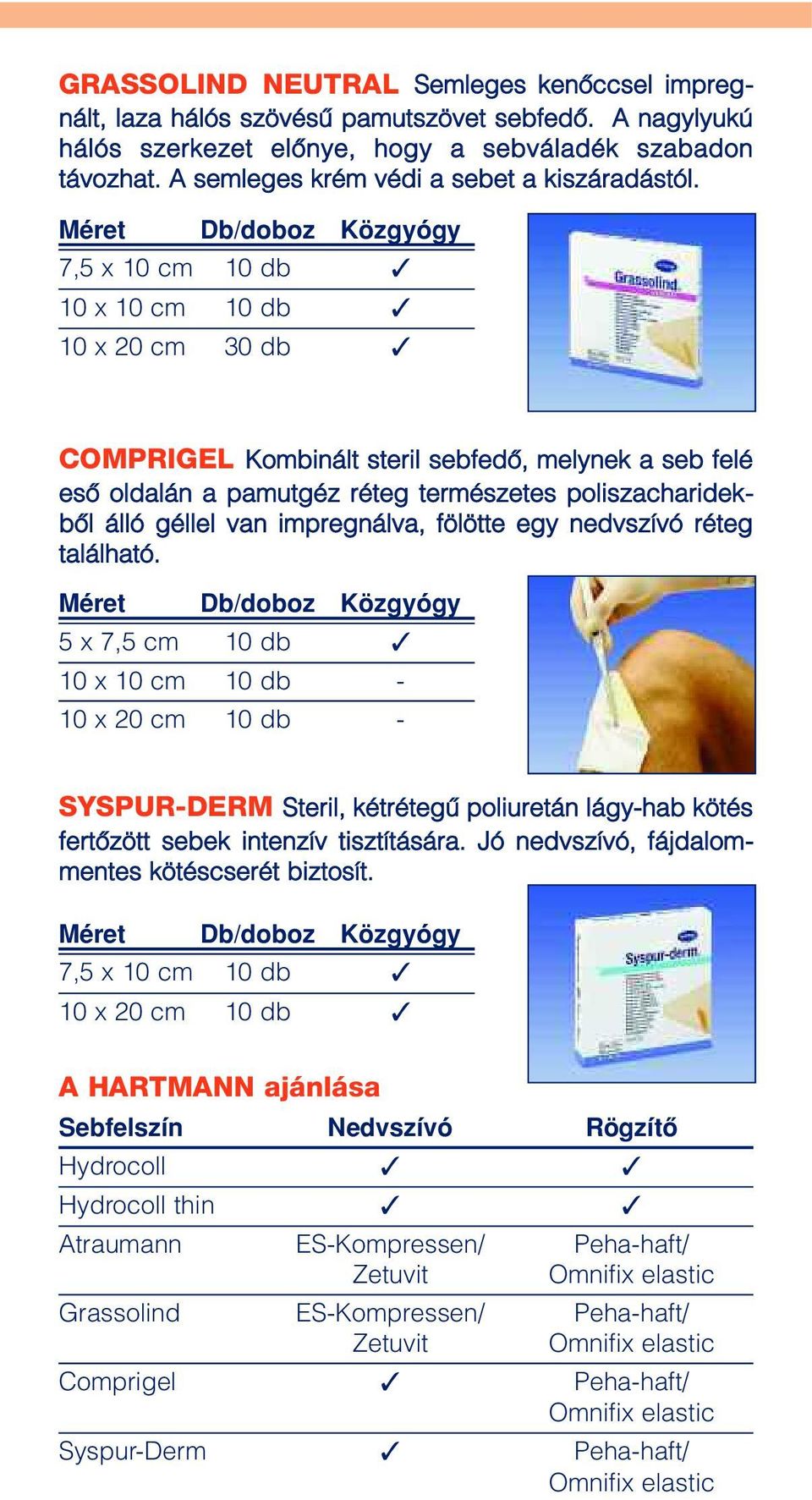 7,5 x 10 cm 10 db 10 x 10 cm 10 db 10 x 20 cm 30 db COMPRIGEL Kombinált steril sebfedô, melynek a seb felé esô oldalán a pamutgéz réteg természetes poliszacharidekbôl álló géllel van impregnálva,