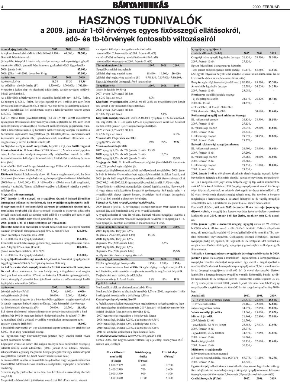 ) 2009. január 1-től: 87.000,- 2009. július 1-től-2009. december 31-ig: 87.500,- Adótörvény 2007. 2008. 2009. Adókulcsok (%) 18,38 18,36 18,36 Az adótábla - alsósáv határa (Ft) 1.550.000,- 1.700.
