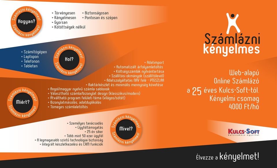 gyorslista Raktárkészlet jelentés Szűrhető és eportálható listák (bizonylat, ügyfél, termék) Grafikusan megjelenített kimutatások Adatszolgáltatás NAV felé PTGSZLAA Kényelmi funkciók Automatizált