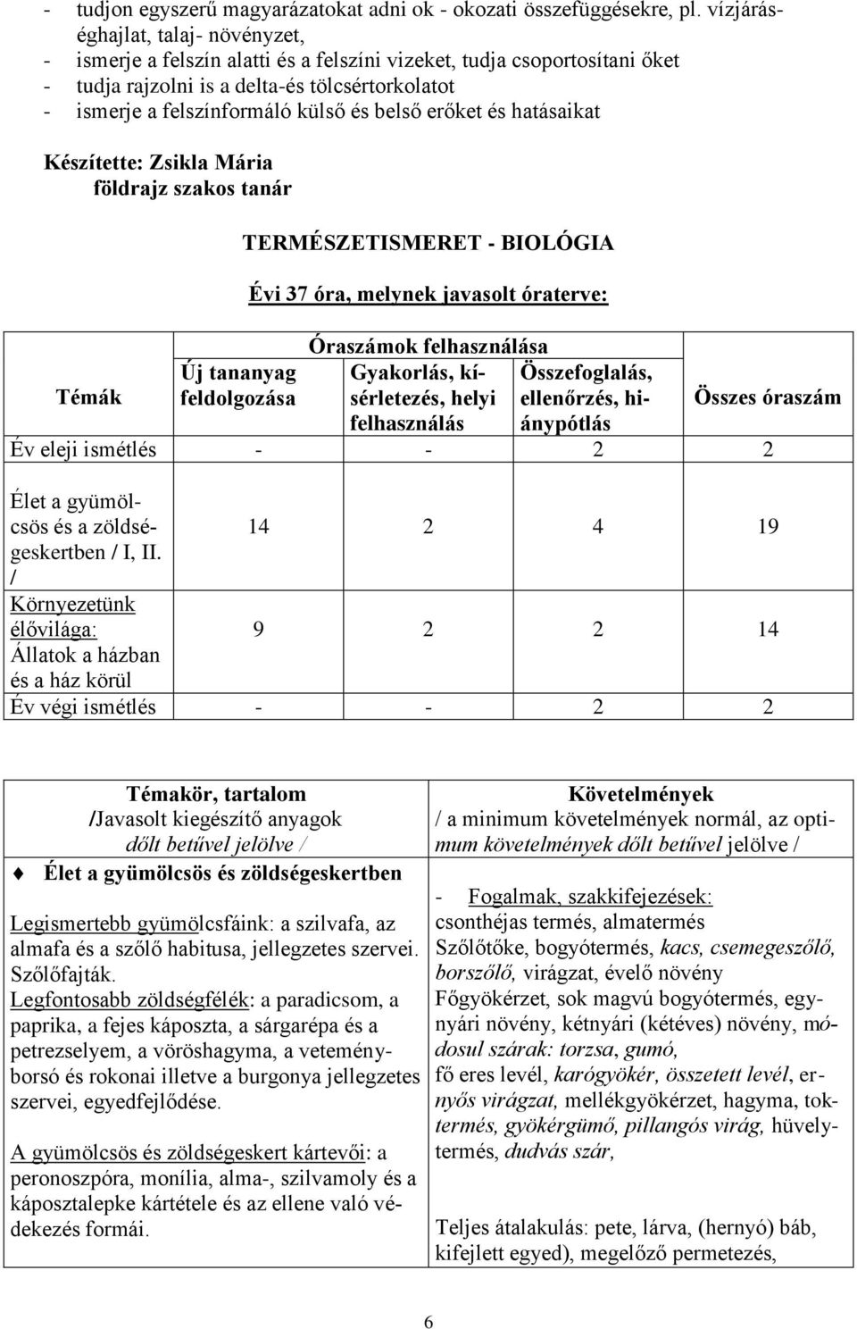 belső erőket és hatásaikat Készítette: Zsikla Mária földrajz szakos tanár Témák Új tananyag feldolgozása TERMÉSZETISMERET - BIOLÓGIA Évi 37 óra, melynek javasolt óraterve: Óraszámok felhasználása