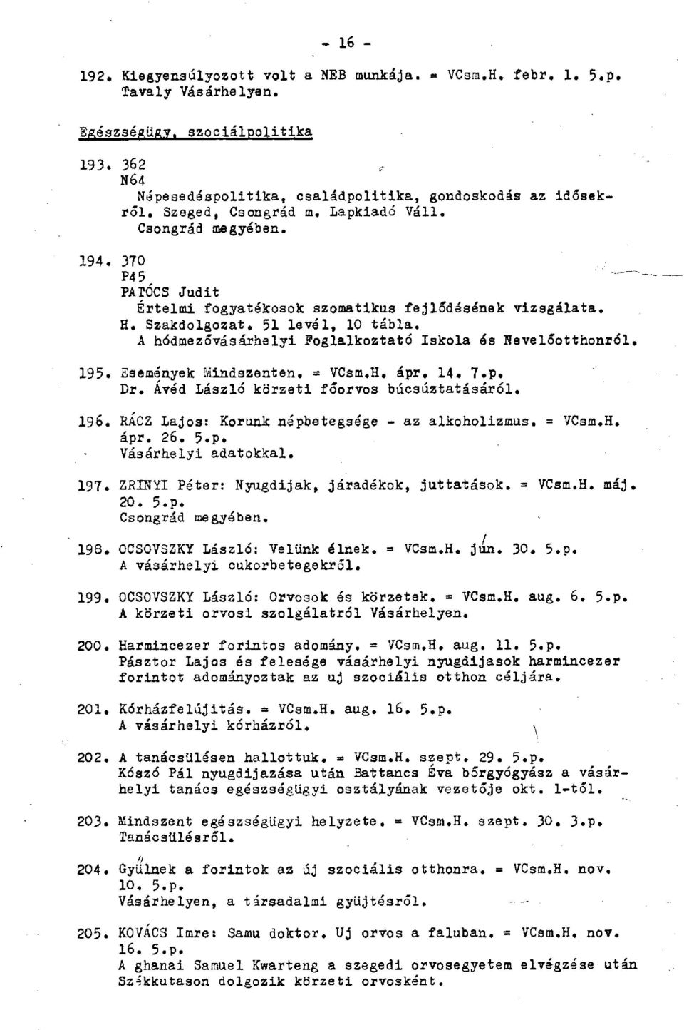 A hódmezővásárhelyi Foglalkoztató Iskola és Nevelőotthonról. 195. Események Mindszenten. VCsm.H. ápr. 14. 7.p. Dr. Ávéd László körzeti főorvos búcsúztatásáról. 196.