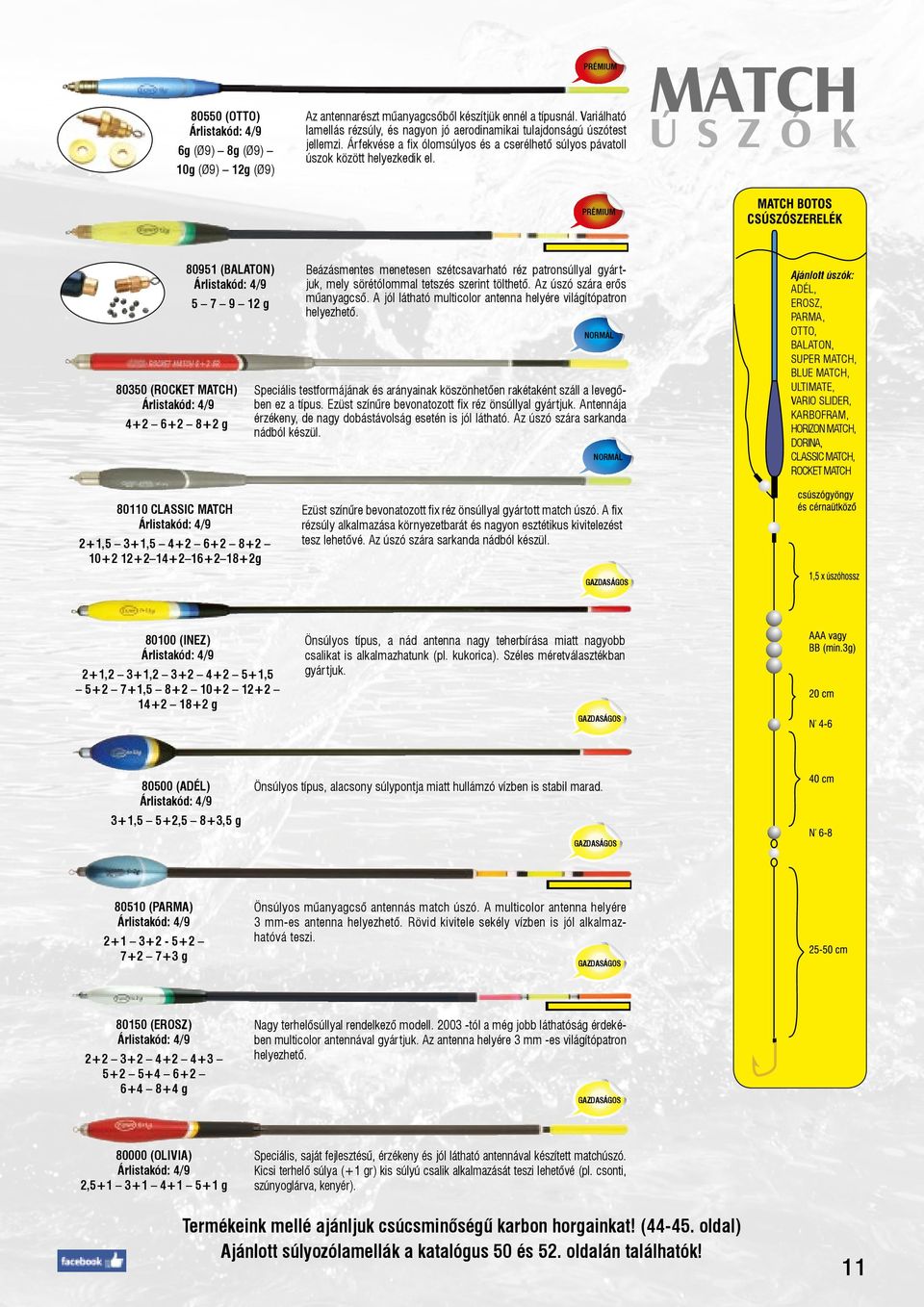 MATCH Ú S Z Ó K 80951 (BALATON) Árlistakód: 4/9 5 7 9 12 g Beázásmentes menetesen szétcsavarható réz patronsúllyal gyártjuk, mely sörétólommal tetszés szerint tölthető. Az úszó szára erős műanyagcső.