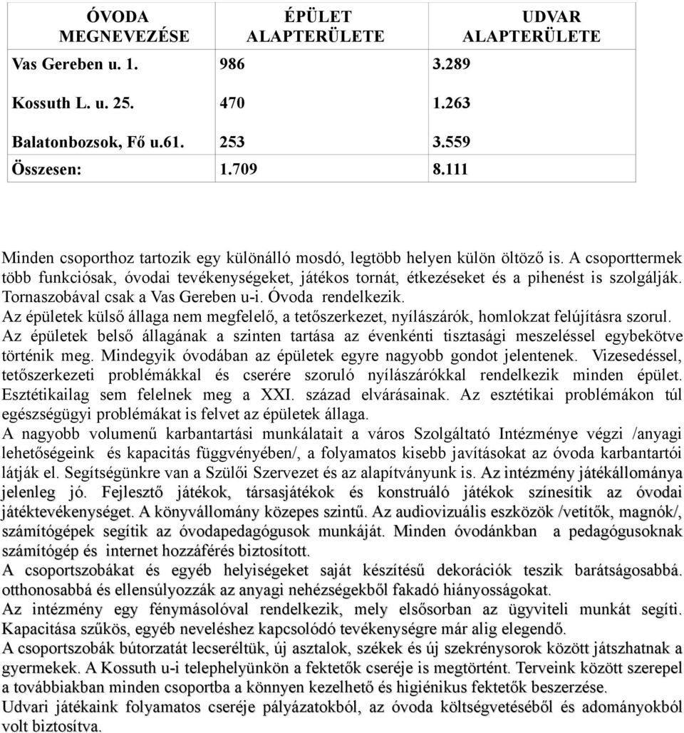 Tornaszobával csak a Vas Gereben u-i. Óvoda rendelkezik. Az épületek külső állaga nem megfelelő, a tetőszerkezet, nyílászárók, homlokzat felújításra szorul.