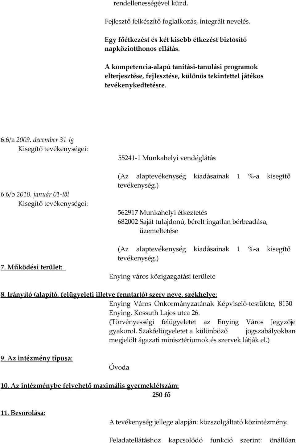 január 01-től Kisegítő tevékenységei: 7. Működési terület: 55241-1 Munkahelyi vendéglátás (Az alaptevékenység kiadásainak 1 %-a kisegítő tevékenység.