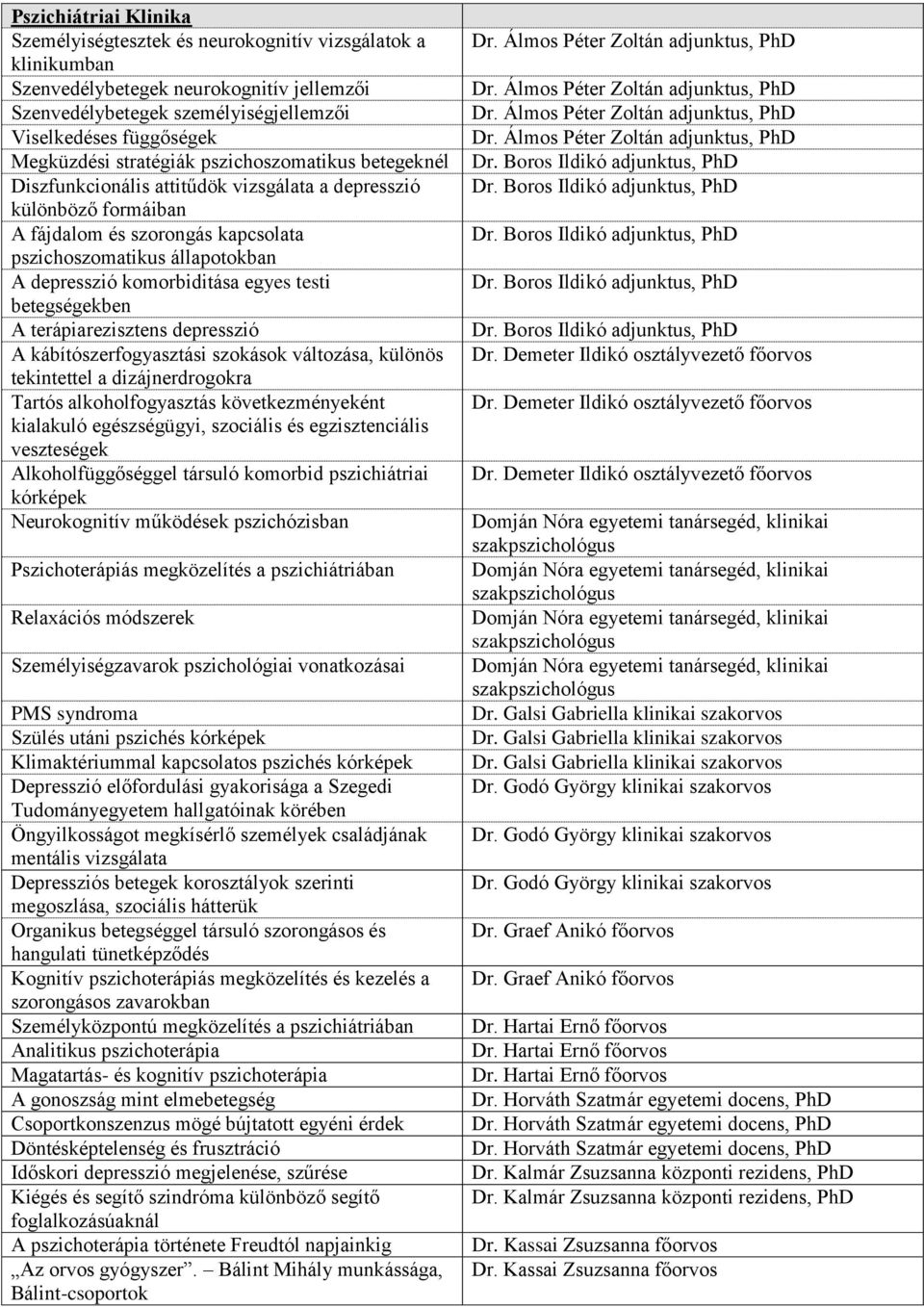 komorbiditása egyes testi betegségekben A terápiarezisztens depresszió A kábítószerfogyasztási szokások változása, különös tekintettel a dizájnerdrogokra Tartós alkoholfogyasztás következményeként