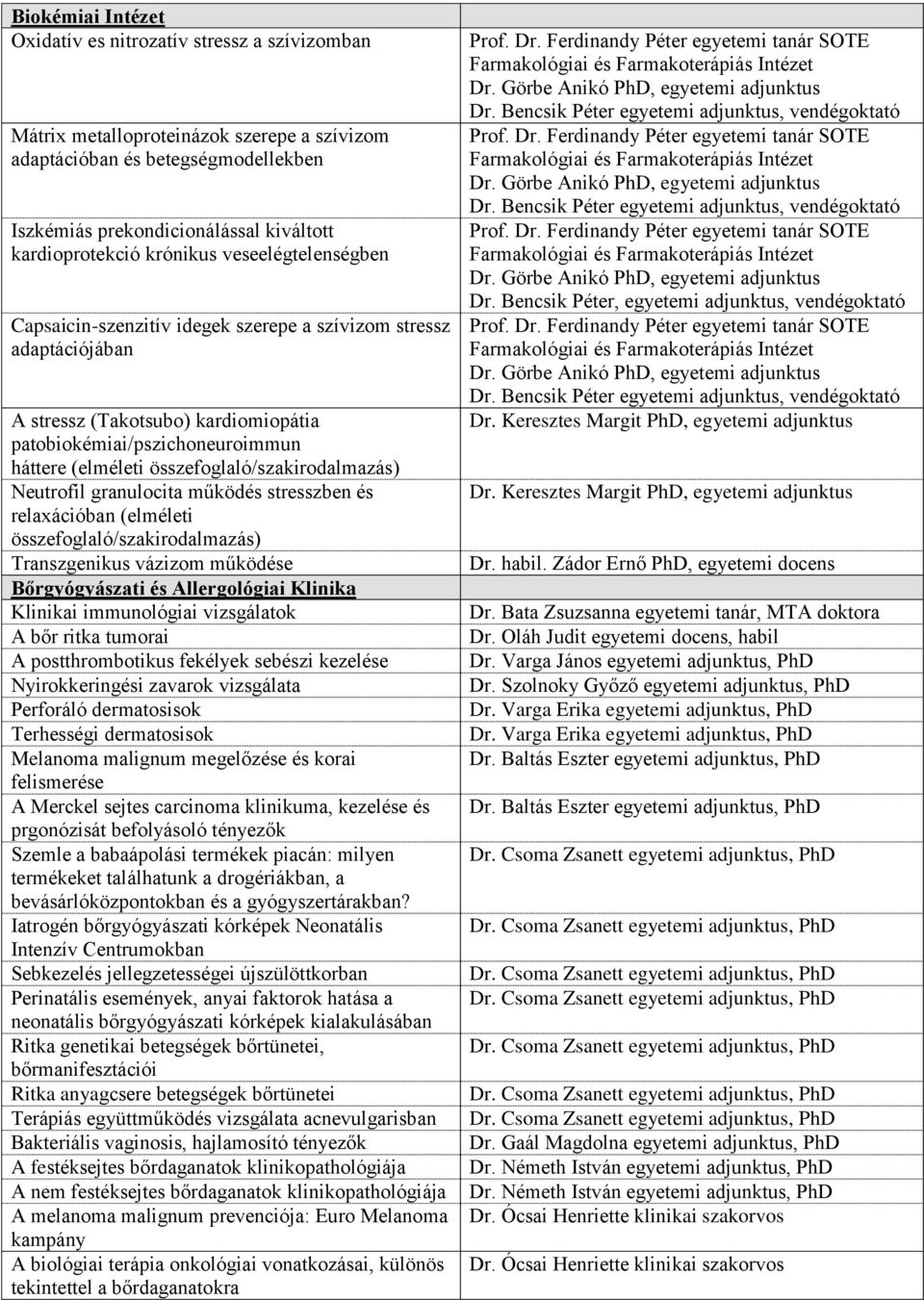 összefoglaló/szakirodalmazás) Neutrofil granulocita működés stresszben és relaxációban (elméleti összefoglaló/szakirodalmazás) Transzgenikus vázizom működése Bőrgyógyászati és Allergológiai Klinika