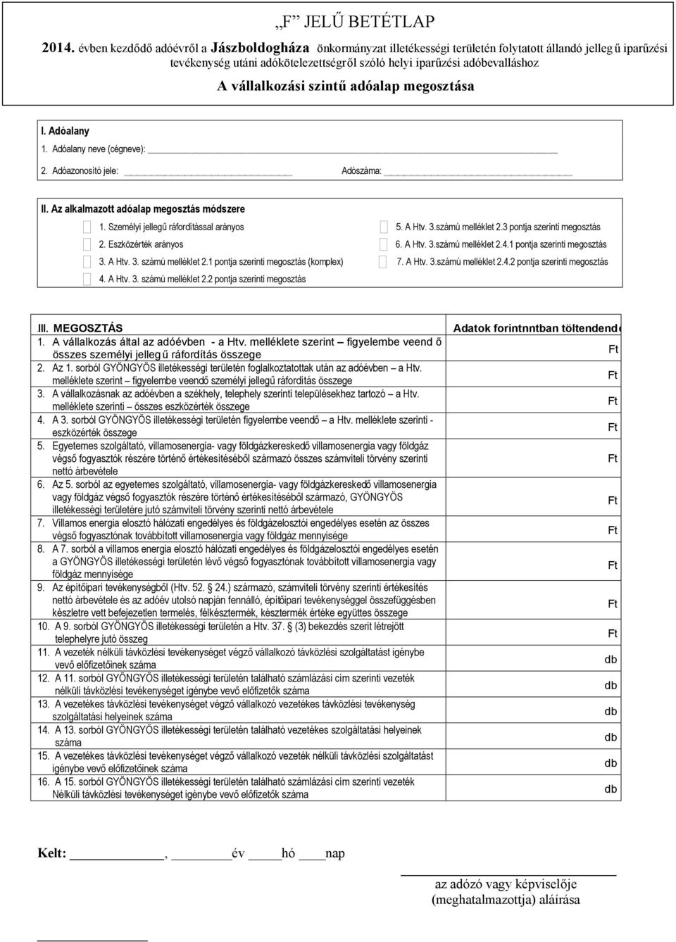 vállalkozási szintű adóalap megosztása 1. Adóalany neve (cégneve): 2. Adóazonosító jele: Adószáma: II. Az alkalmazott adóalap megosztás módszere 1. Személyi jellegű ráfordítással arányos 5. A Htv. 3.