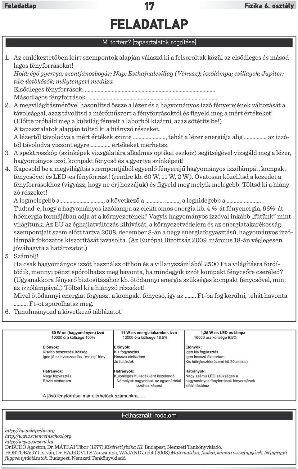 Hold; égő gyertya; szentjánosbogár; Nap; Esthajnalcsillag (Vénusz); izzólámpa; csillagok; Jupiter; tűz; üstökösök; mélytengeri medúza Elsődleges fényforrások:.. Másodlagos fényforrások:. 2.