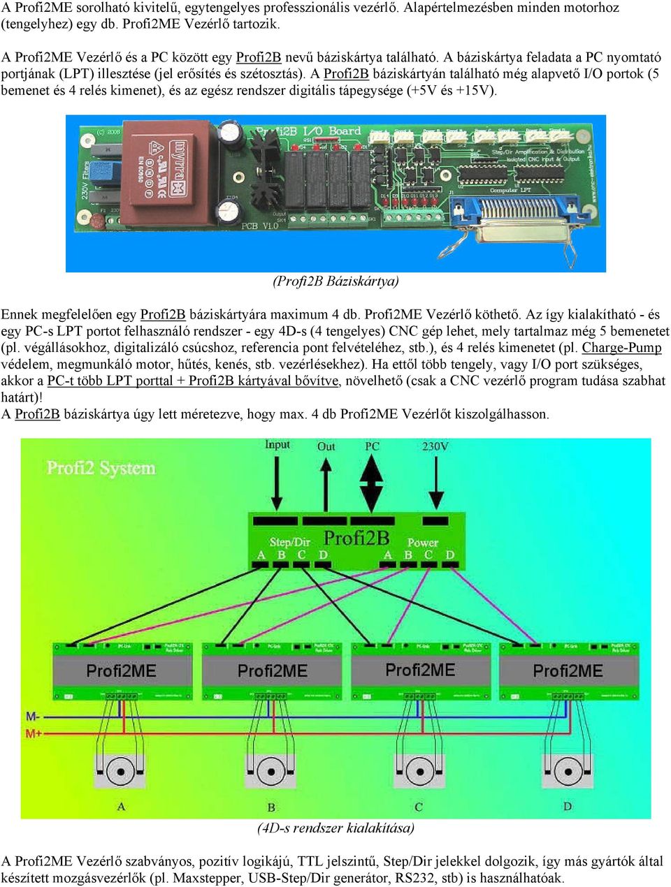 A Profi2B báziskártyán található még alapvető I/O portok (5 bemenet és 4 relés kimenet), és az egész rendszer digitális tápegysége (+5V és +15V).