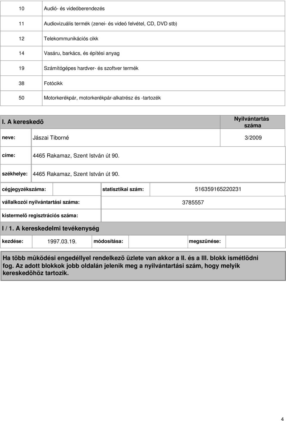 motorkerékpár-alkatrész és -tartozék I. A kereskedõ Jászai Tiborné 3/2009 címe: 4465 Rakamaz, Szent István út 90.