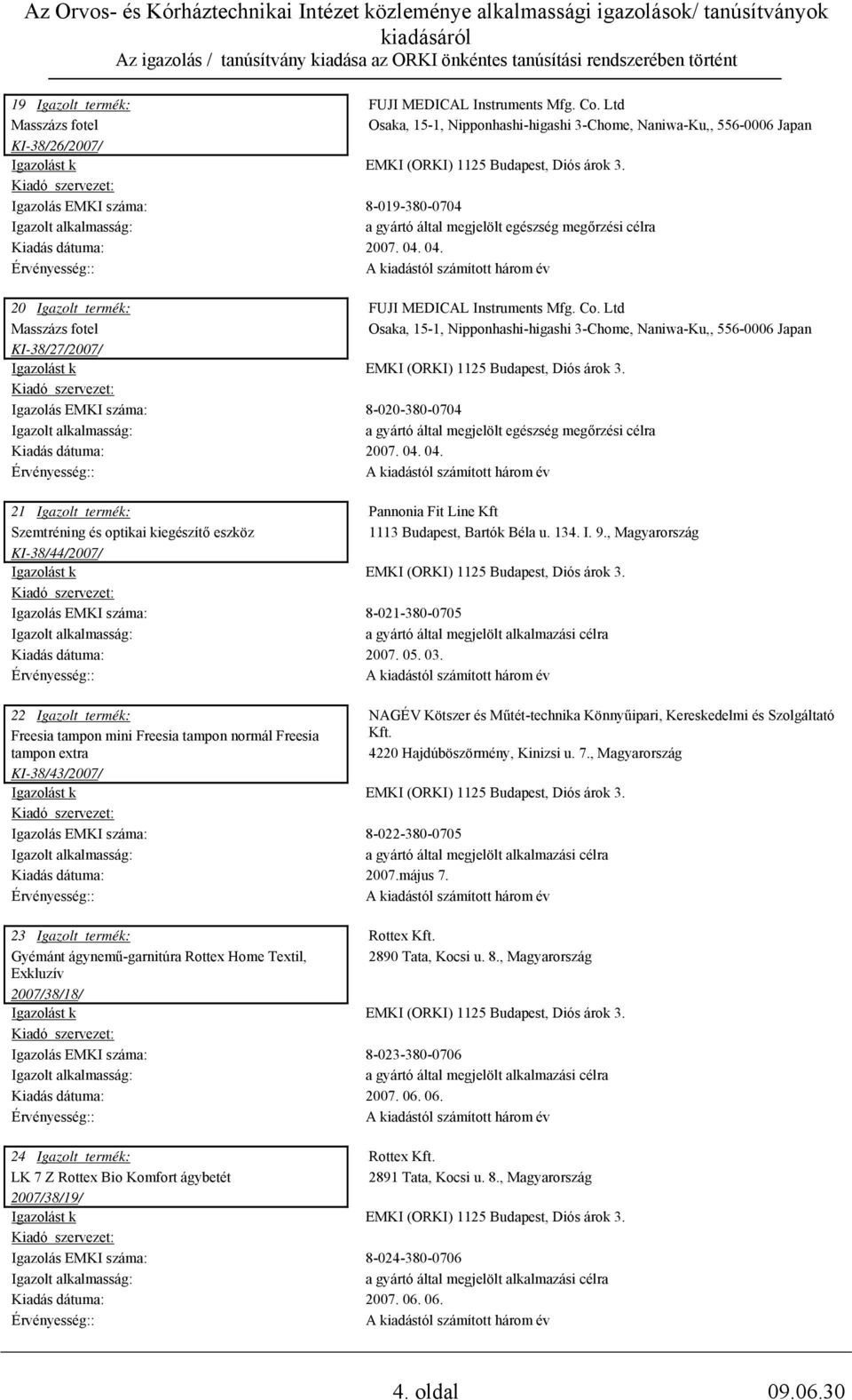 04. 20 Igazolt termék: Masszázs fotel KI-38/27/2007/ FUJI MEDICAL Instruments Mfg. Co.
