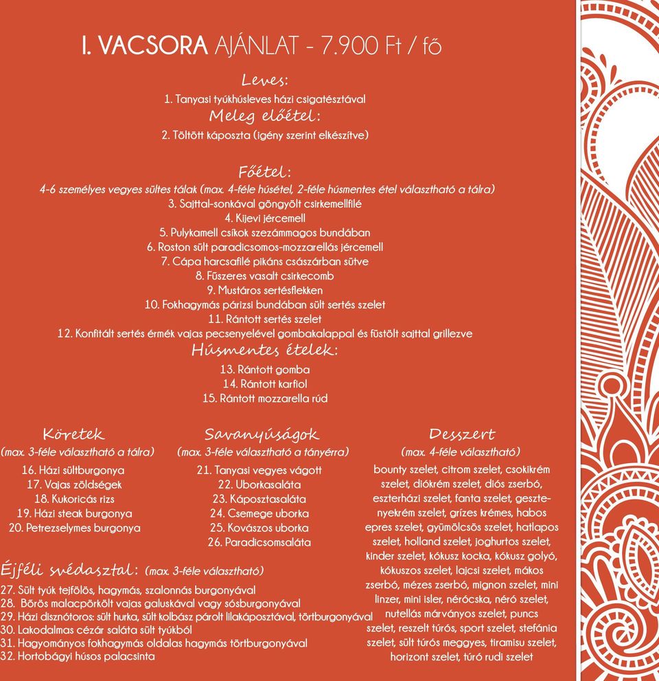 Roston sült paradicsomos-mozzarellás jércemell 7. Cápa harcsafilé pikáns császárban sütve 8. Fűszeres vasalt csirkecomb 9. Mustáros sertésflekken 10. Fokhagymás párizsi bundában sült sertés szelet 11.