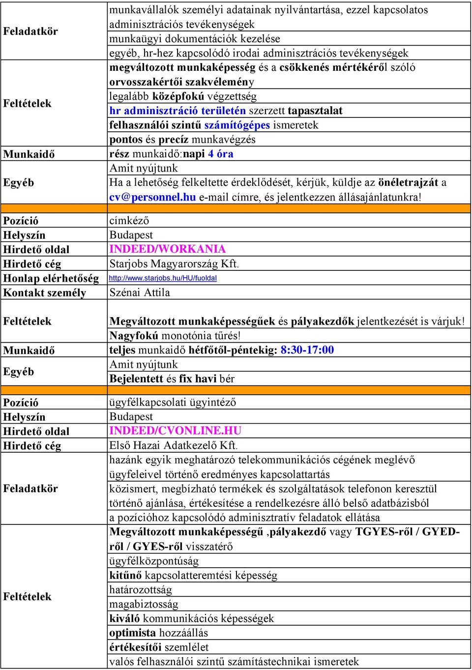 számítógépes ismeretek pontos és precíz munkavégzés rész munkaidő:napi 4 óra Ha a lehetőség felkeltette érdeklődését, kérjük, küldje az önéletrajzát a cv@personnel.