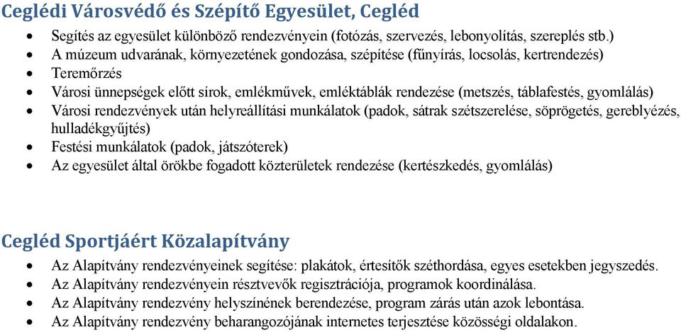 gyomlálás) Városi rendezvények után helyreállítási munkálatok (padok, sátrak szétszerelése, söprögetés, gereblyézés, hulladékgyűjtés) Festési munkálatok (padok, játszóterek) Az egyesület által örökbe