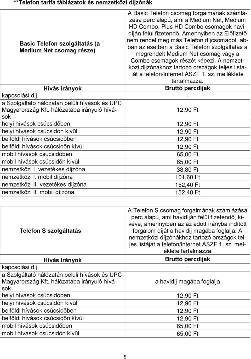 Amennyiben az Előfizető nem rendel meg más Telefon díjcsomagot, abban az esetben a Basic Telefon szolgáltatás a megrendelt Medium Net csomag vagy a Combo csomagok részét képezi.