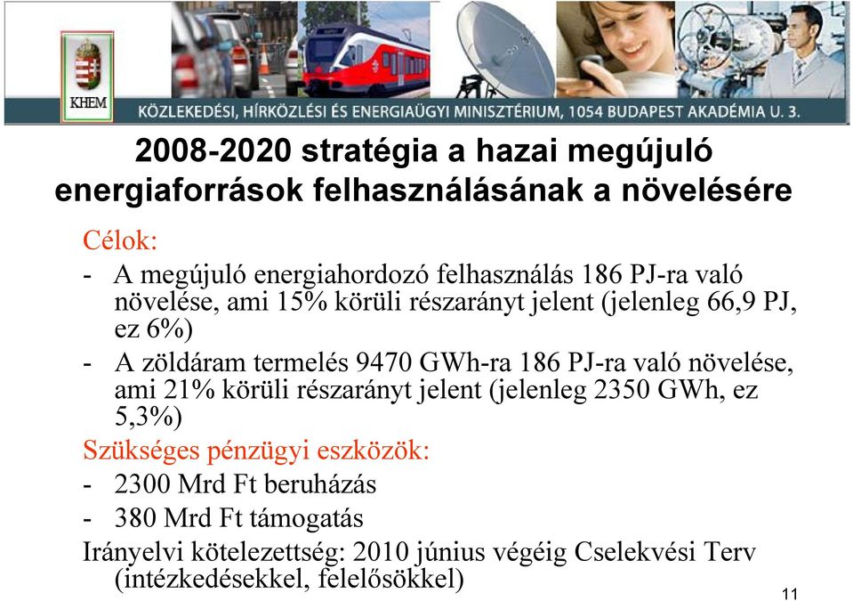 GWh ra 186 PJ ra való növelése, ami 21% körüli részarányt jelent (jelenleg 2350 GWh, ez 5,3%) Szükséges pénzügyi eszközök: