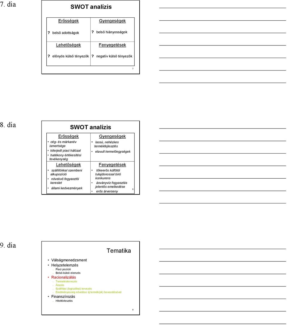 SWOT analízis Gyengeségek lassú, nehézkes termékfejlesztés elavult termelőegységek Fenyegetések tőkeerős külföldi tulajdonossal bíró konkurens ásványvíz fogyasztás jelentős emelkedése erős