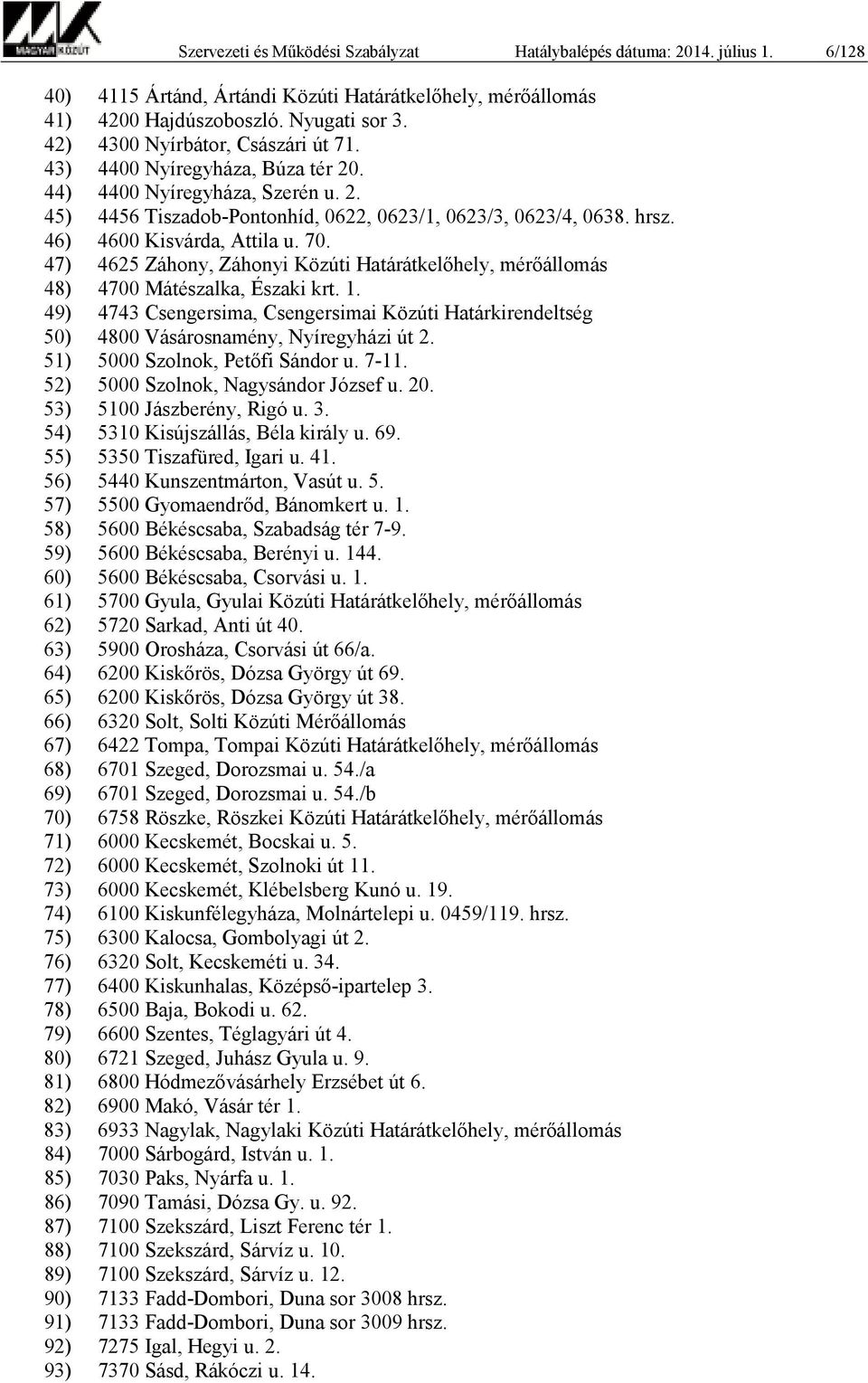 46) 4600 Kisvárda, Attila u. 70. 47) 4625 Záhony, Záhonyi Közúti Határátkelőhely, mérőállomás 48) 4700 Mátészalka, Északi krt. 1.