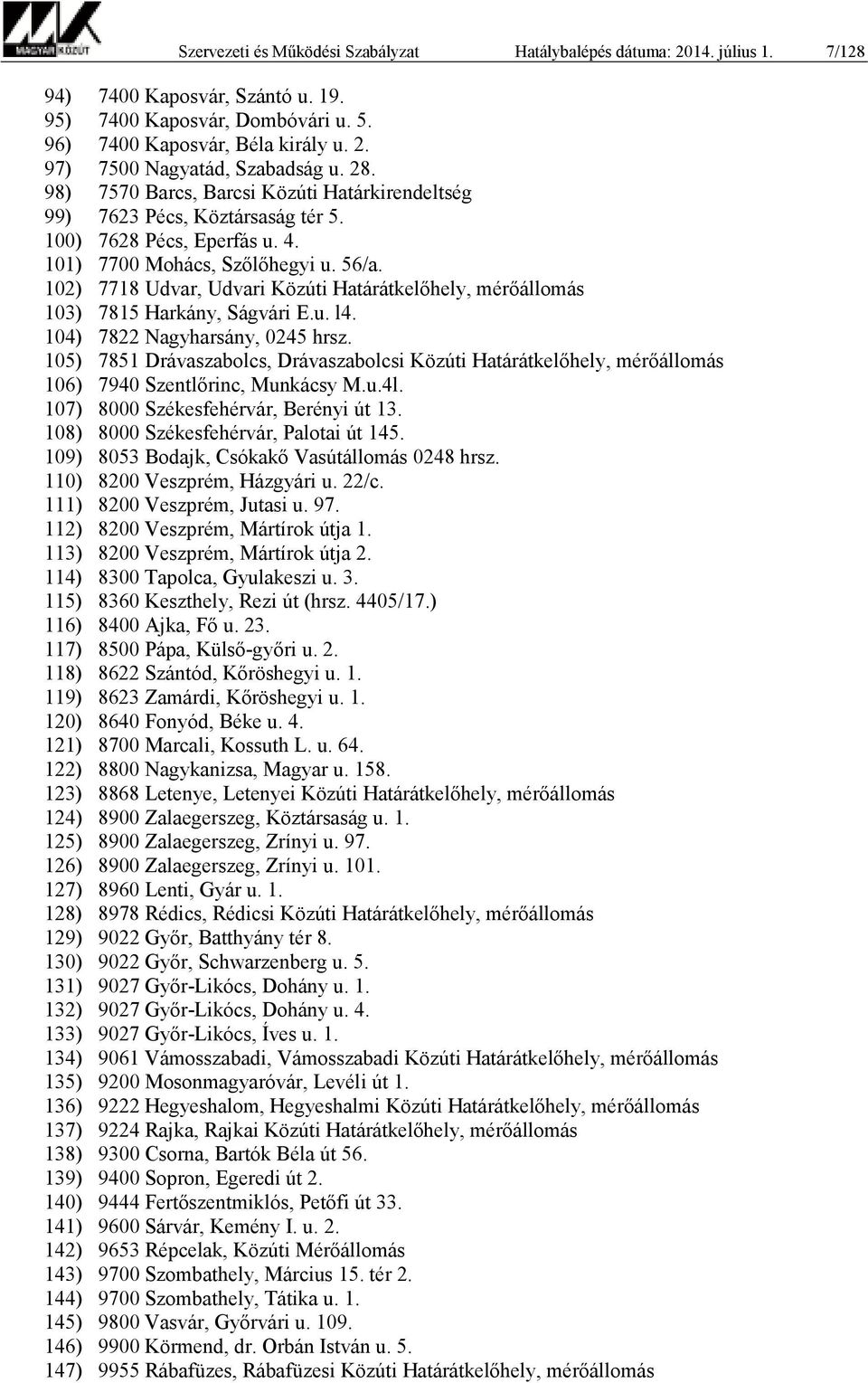 102) 7718 Udvar, Udvari Közúti Határátkelőhely, mérőállomás 103) 7815 Harkány, Ságvári E.u. l4. 104) 7822 Nagyharsány, 0245 hrsz.