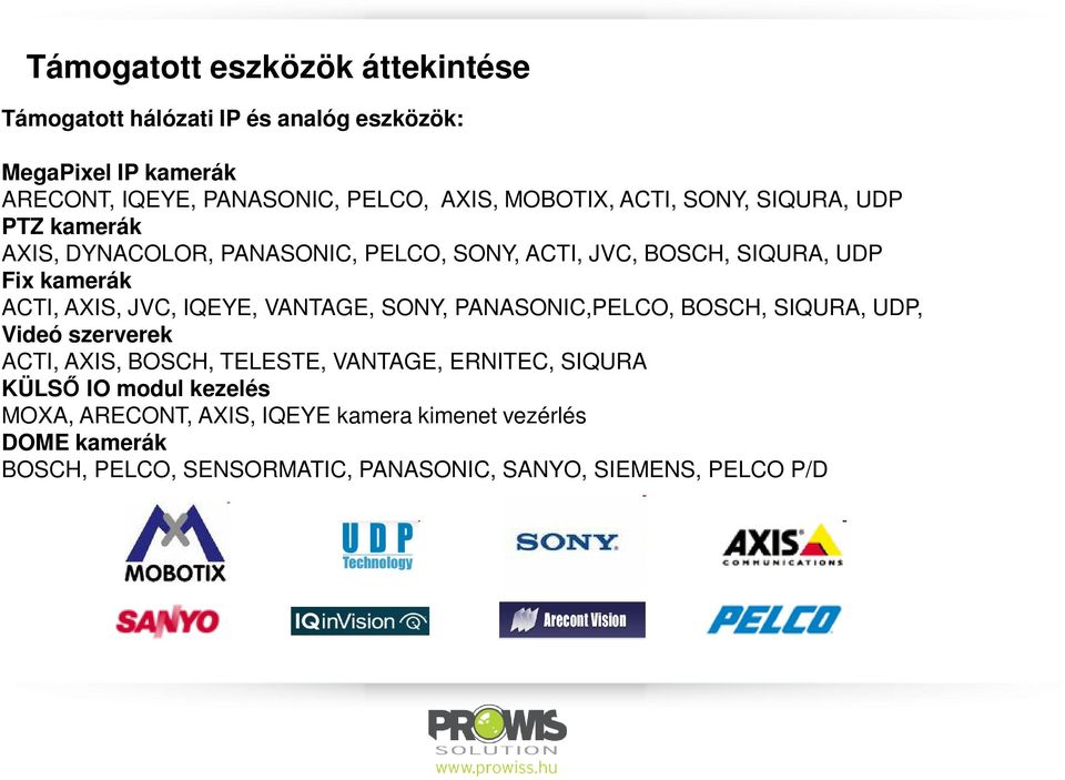 JVC, IQEYE, VANTAGE, SONY, PANASONIC,PELCO, BOSCH, SIQURA, UDP, Videó szerverek ACTI, AXIS, BOSCH, TELESTE, VANTAGE, ERNITEC, SIQURA KÜLSŐ