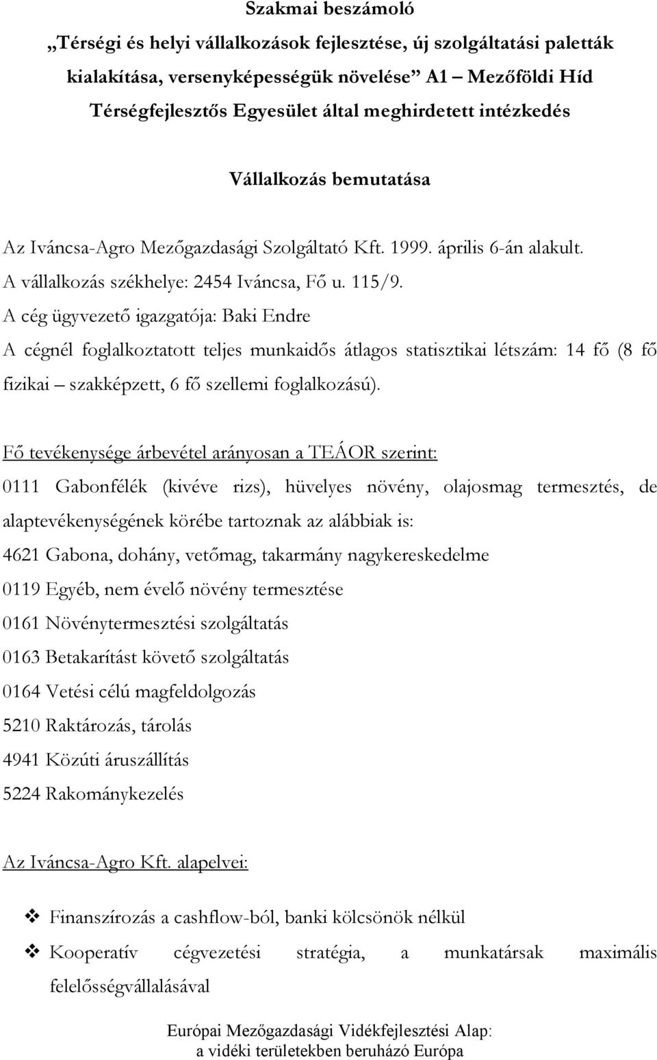 A cég ügyvezető igazgatója: Baki Endre A cégnél foglalkoztatott teljes munkaidős átlagos statisztikai létszám: 14 fő (8 fő fizikai szakképzett, 6 fő szellemi foglalkozású).