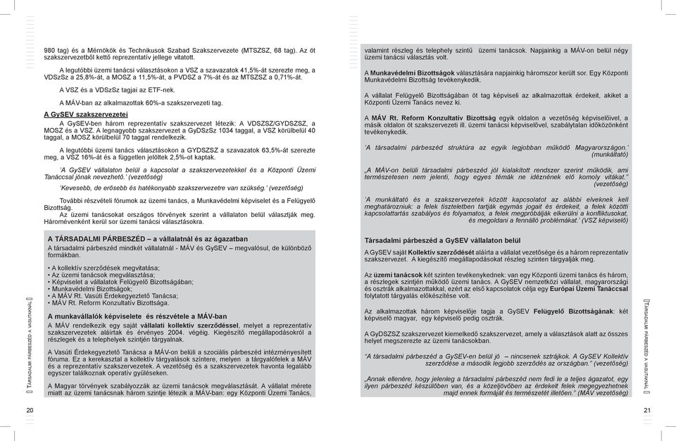 A legutóbbi üzemi tanácsi választásokon a VSZ a szavazatok 41,5%-át szerezte meg, a VDSzSz a 25,8%-át, a MOSZ a 11,5%-át, a PVDSZ a 7%-át és az MTSZSZ a 0,71%-át. A VSZ és a VDSzSz tagjai az ETF-nek.