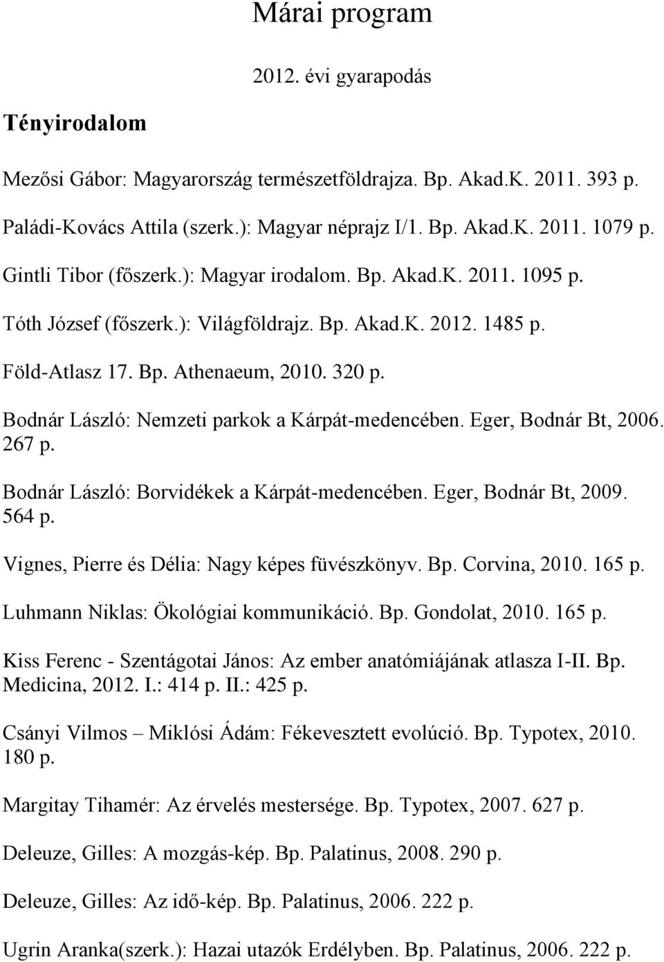 Bodnár László: Nemzeti parkok a Kárpát-medencében. Eger, Bodnár Bt, 2006. 267 p. Bodnár László: Borvidékek a Kárpát-medencében. Eger, Bodnár Bt, 2009. 564 p.