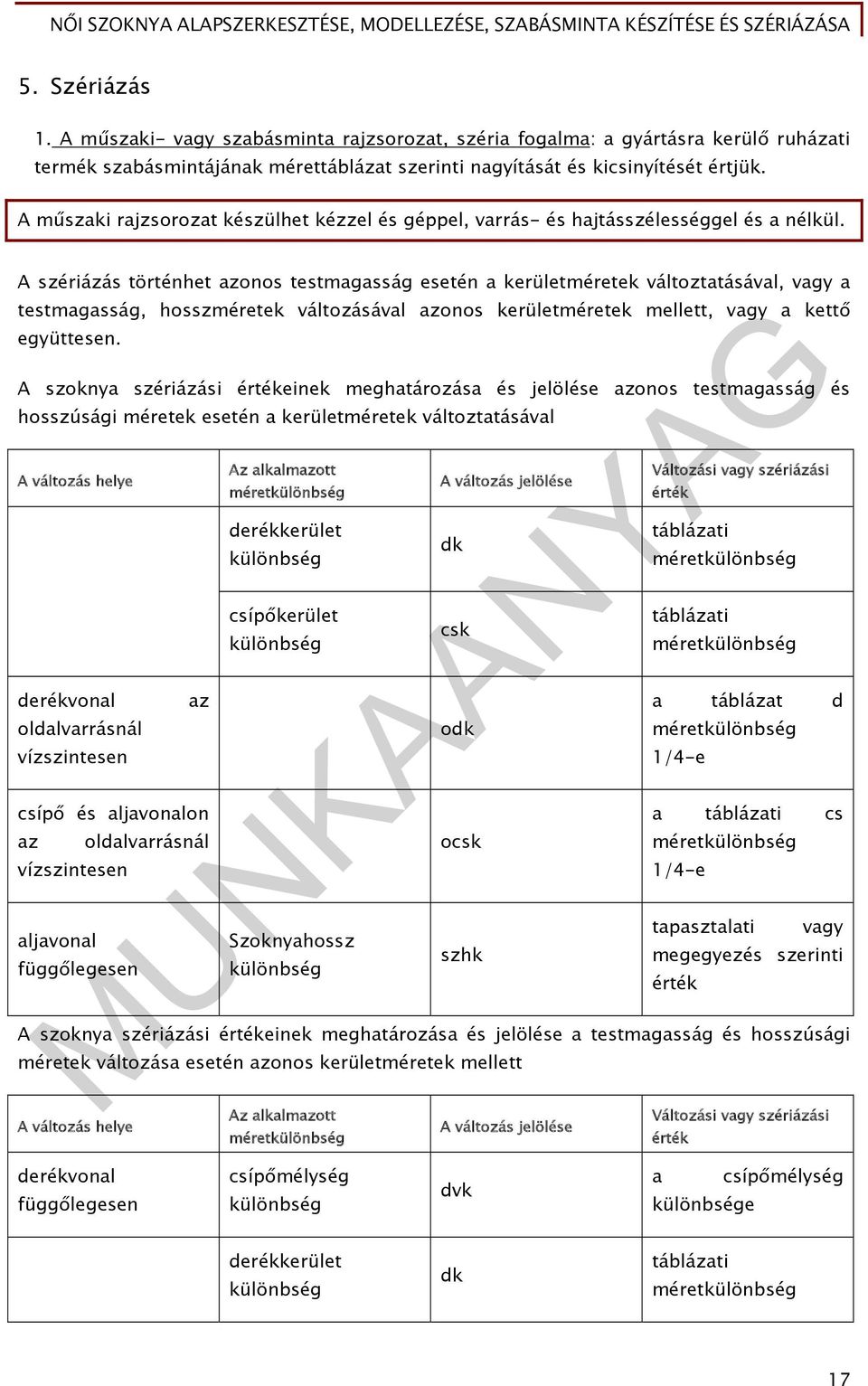 A szériázás történhet azonos testmagasság esetén a kerületméretek változtatásával, vagy a testmagasság, hosszméretek változásával azonos kerületméretek mellett, vagy a kettő együttesen.